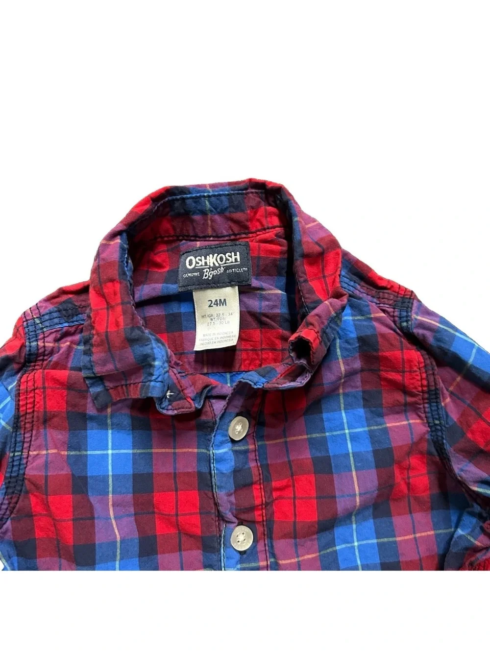 Toddler Boy Oshkosh Plaid Button Up Bodysuit Size 18-24 Months